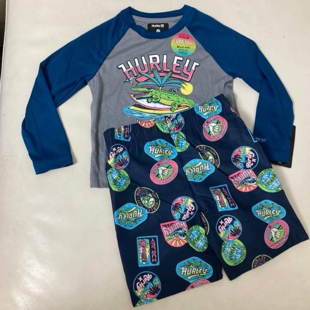 Hurley 2 pieces long sleeve beach palm active shorts set 8007